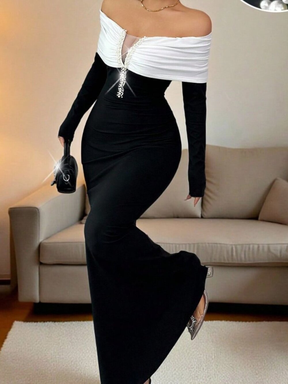 Black Elegant Women's Off-Shoulder Pearl-Embellished Dress